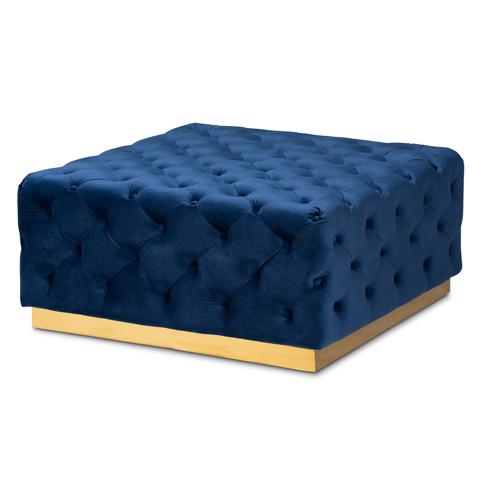 Baxton Studio Verene Glam and Luxe Royal Blue Velvet Fabric Upholstered Gold Finished Square Cocktail Ottoman